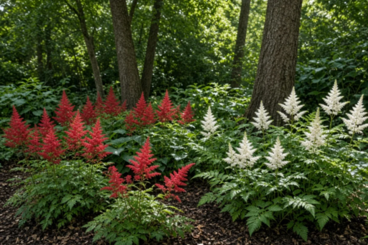 Red and white astilbe under tall trees in a mulched shade bed