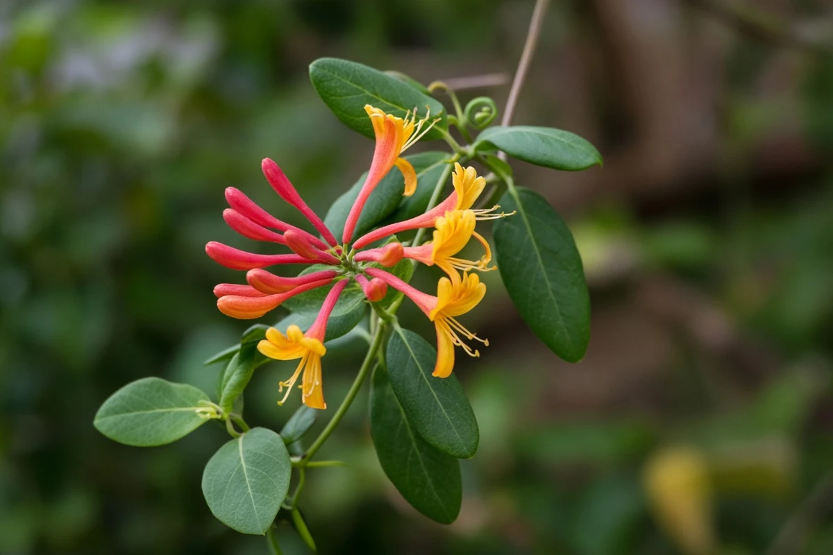 Red and yellow tubular honeysuckle flowers on a twining vine