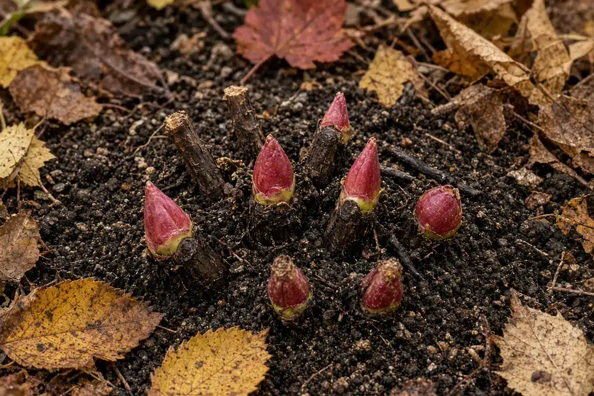 Red peony eyes showing at the soil surface in fall