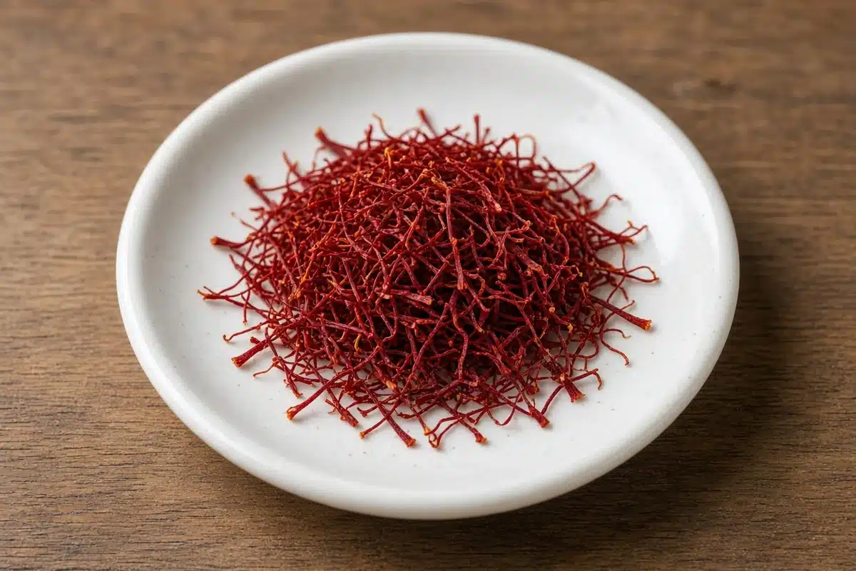 Red saffron stigmas on a dish