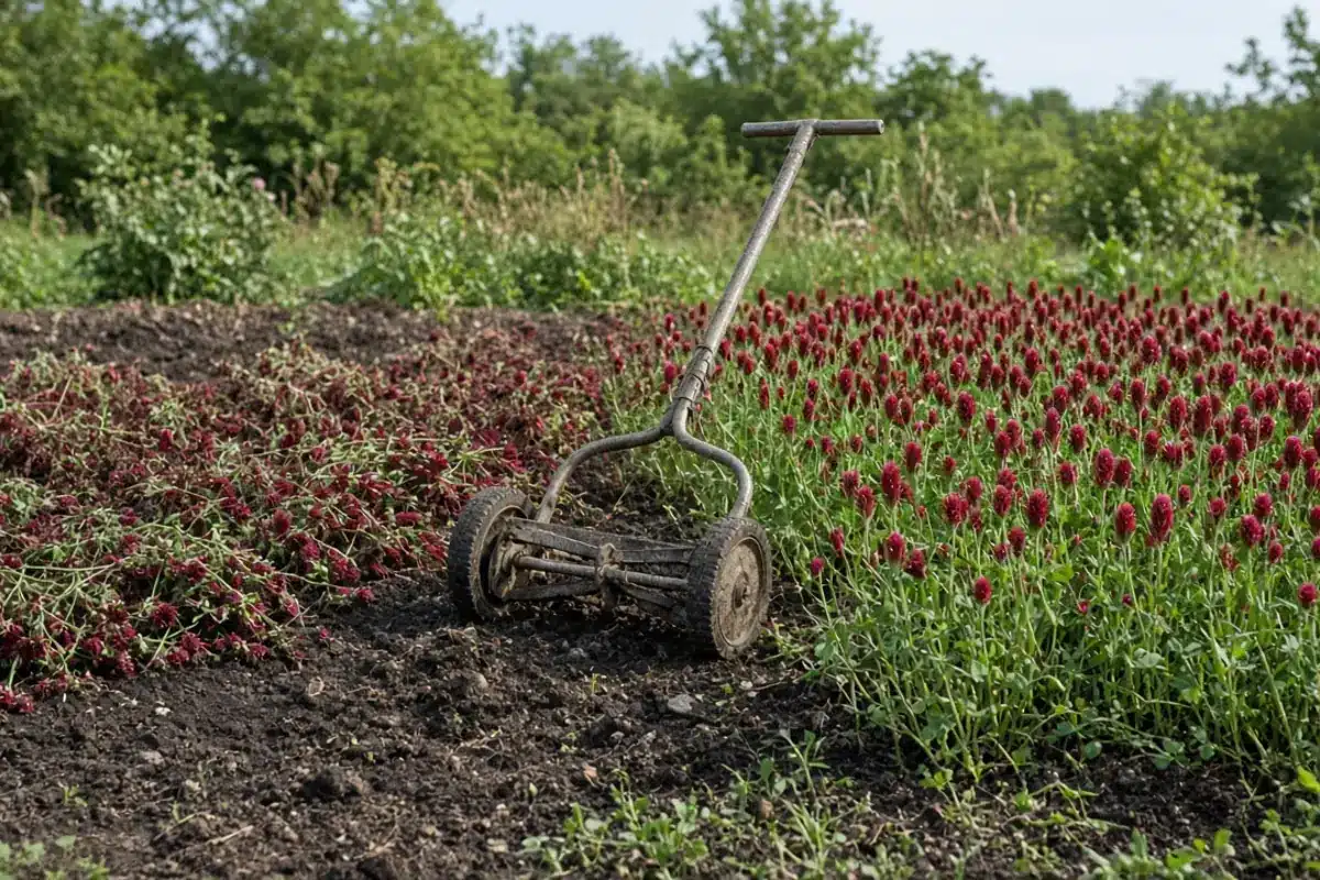 Push reel mower in a bed of crimson clover, half cut and left as mulch.