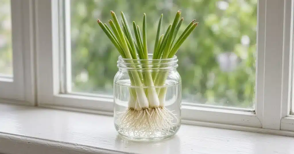 Green onion root ends regrowing in a glass jar on a windowsill
