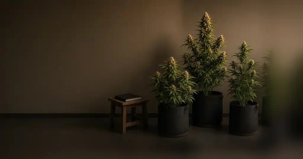Mature cannabis plants of different shapes in an indoor grow room
