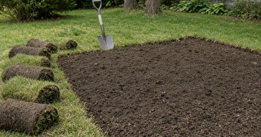 Strips of lifted sod beside a new garden bed outline