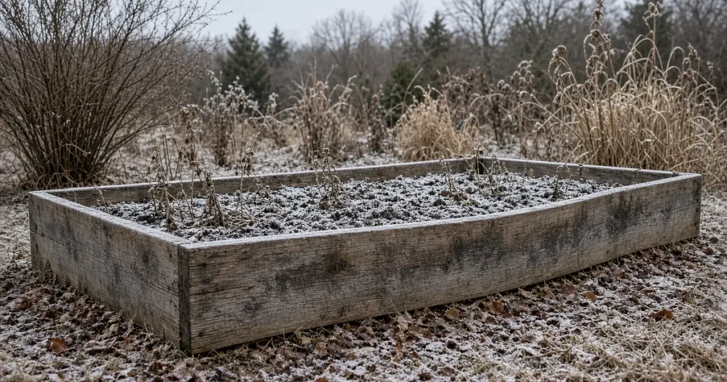 Wooden raised bed with a bowed side in winter