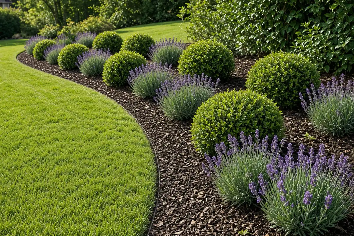 Repeated shrubs along a front yard bed
