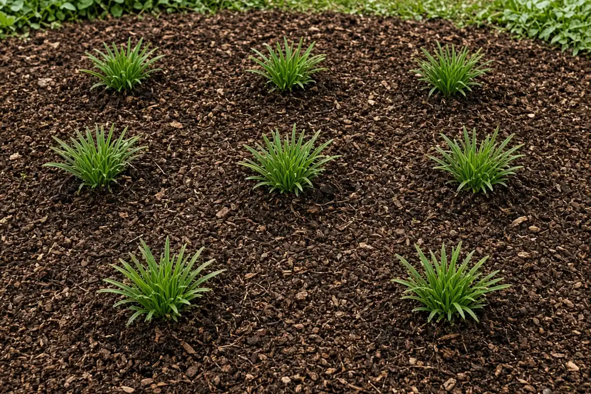 Replanted daylily divisions in a mulched bed