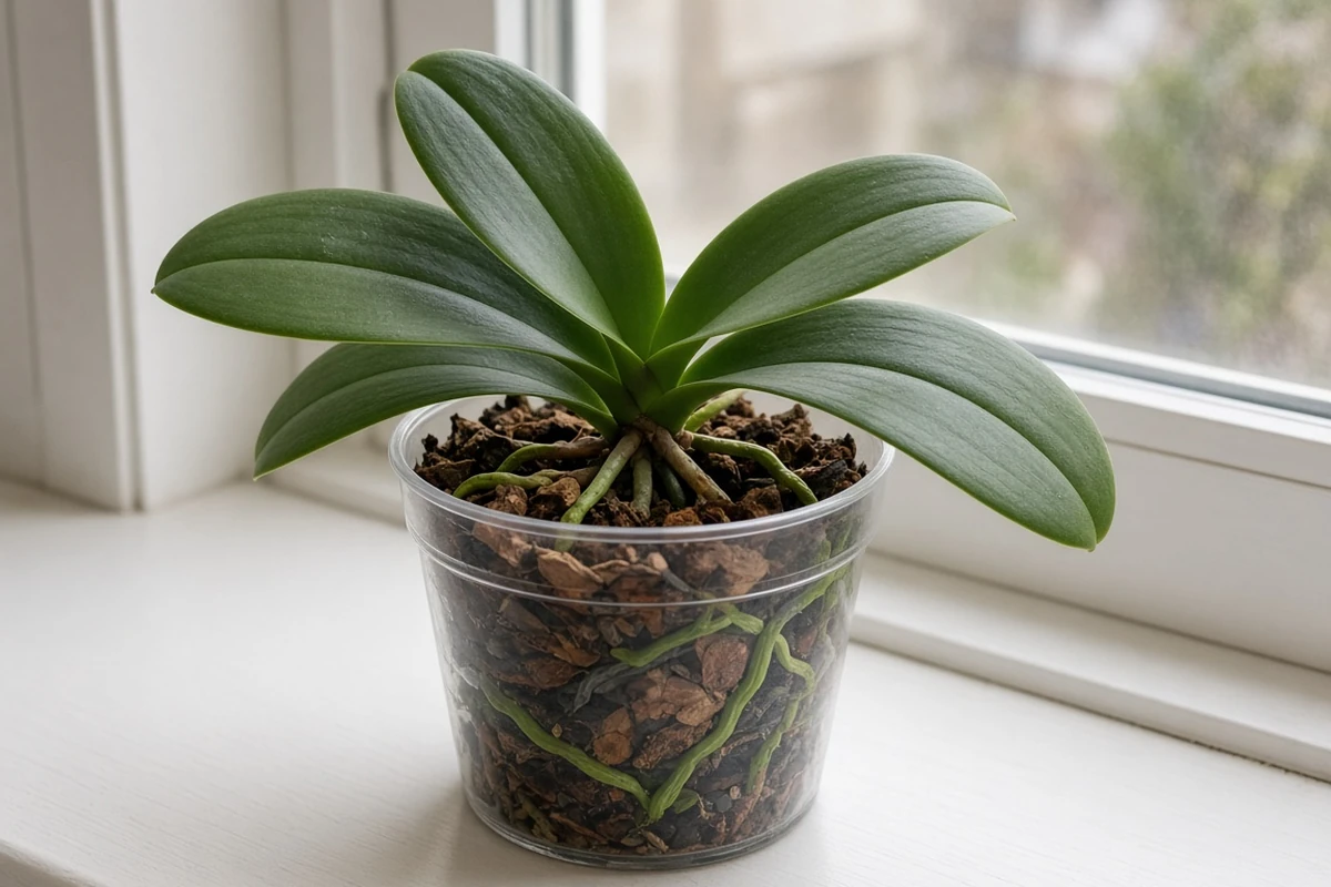 Repotted orchid in clear pot with bark mix