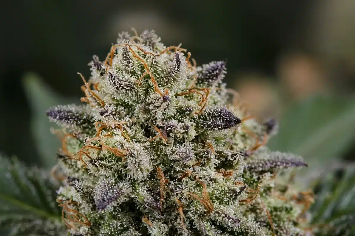 Dense resinous bud on a short autoflower cannabis plant