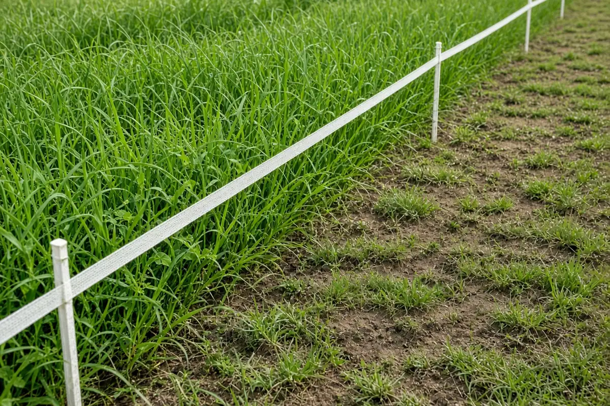 Rested paddock with regrowing grass beside a grazed one