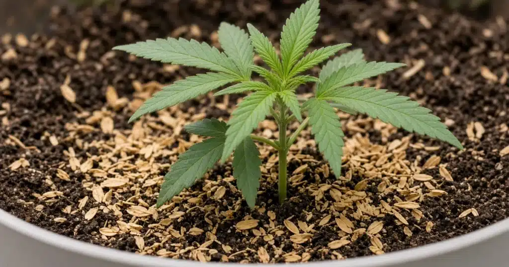 Golden parboiled rice hulls mixed into brown potting soil in a pot holding a leafy cannabis seedling