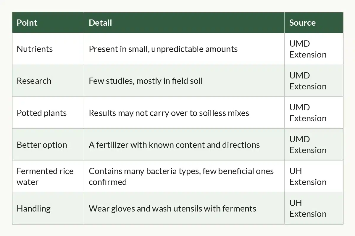 Table graphic of Rice Water at a Glance, 6 rows by 3 columns