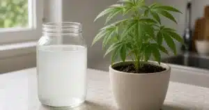 Glass jar of cloudy rice rinse water on a kitchen counter beside a small potted cannabis plant