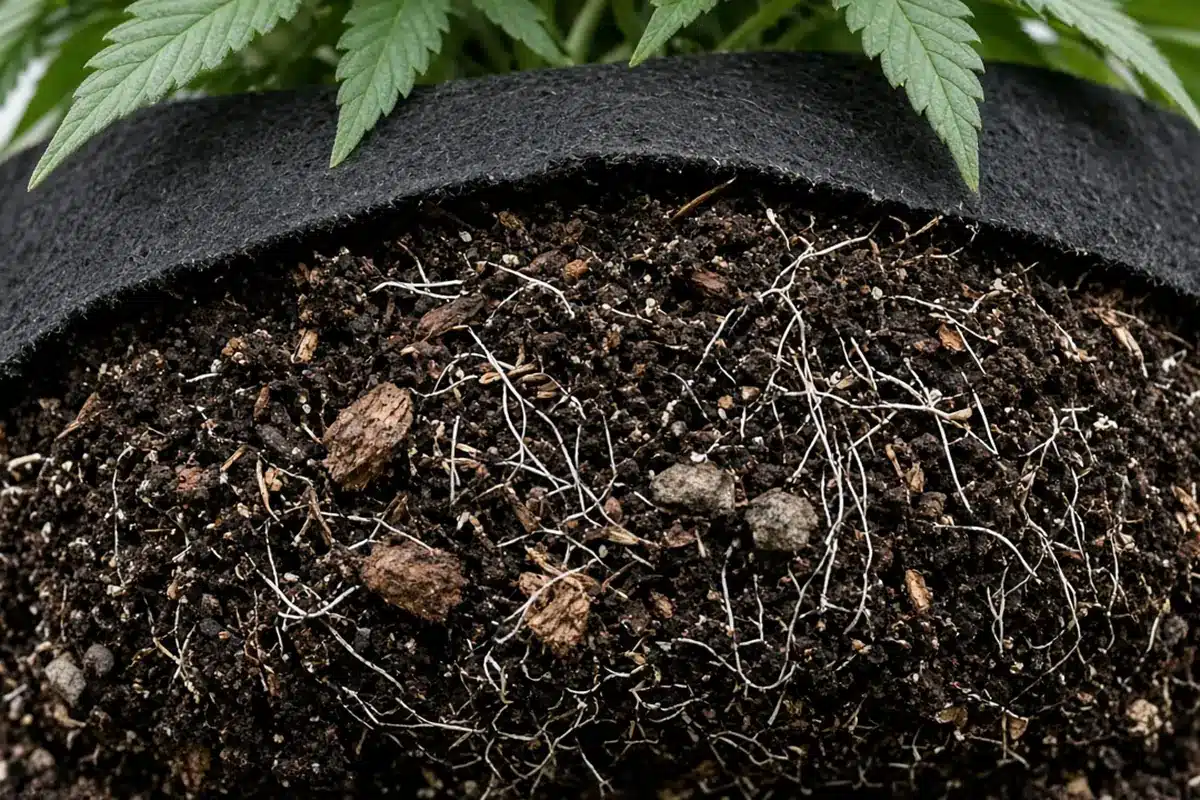 Close view of crumbly dark living soil threaded with fine roots spreading through a fabric pot of cannabis