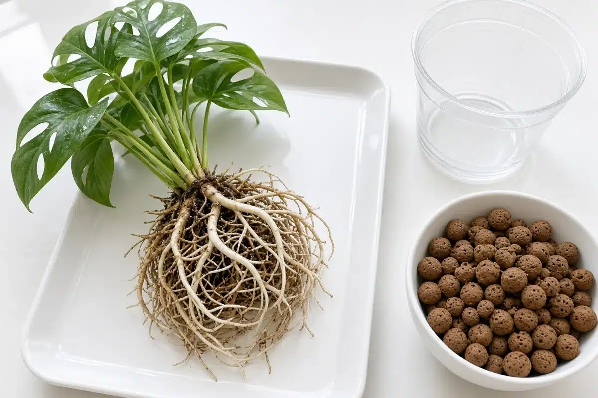Rinsed plant roots ready for semi hydro potting
