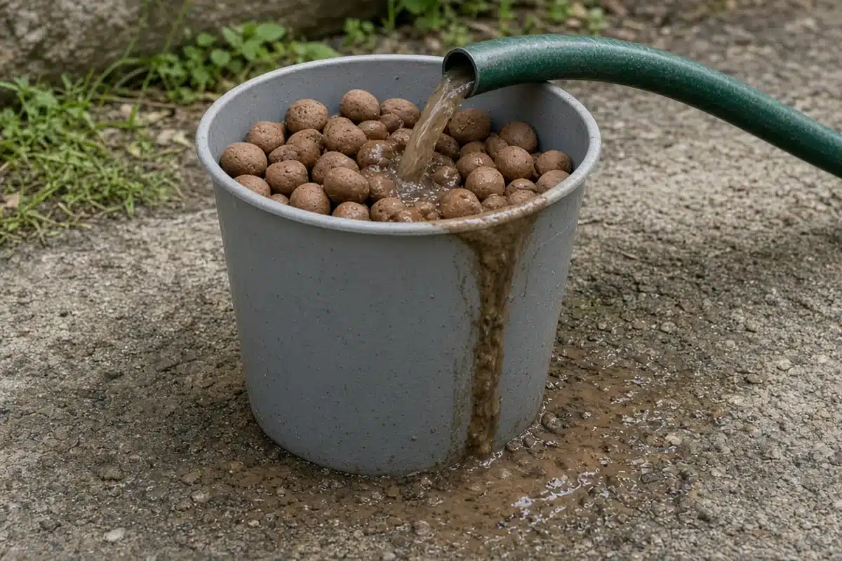 Bucket of brown clay pebbles sitting in cloudy rinse water, half cleaned, with a garden hose draped over the rim