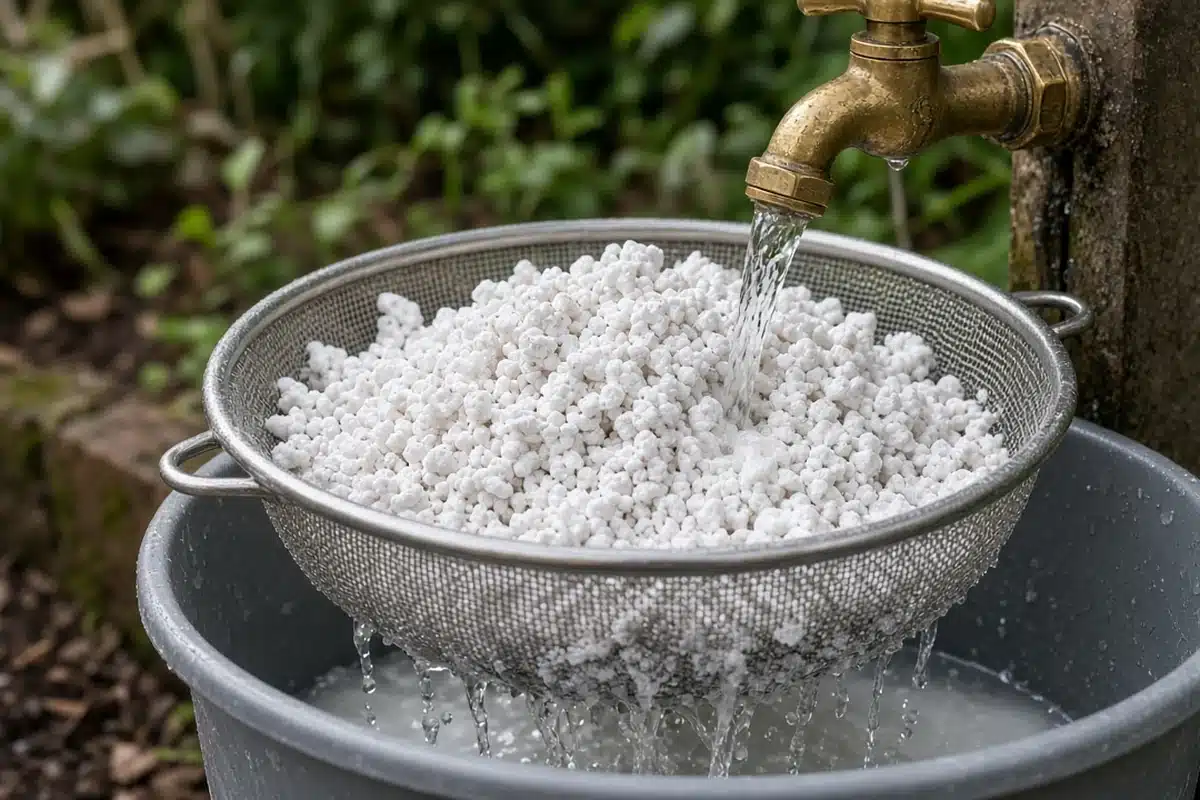 Mesh strainer of white perlite set on a bucket under a running outdoor tap