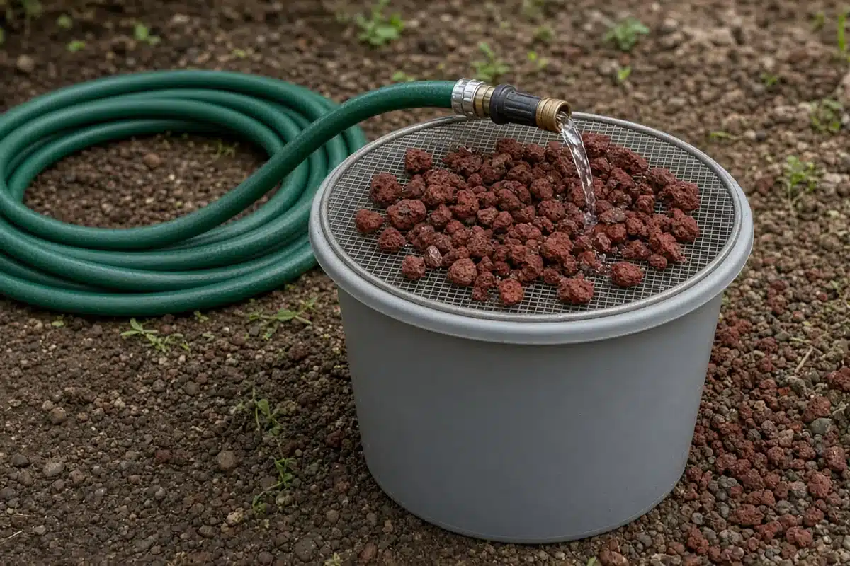 Small red scoria pieces on a wet mesh garden screen set over a bucket, half rinsed, with a hose coiled beside it