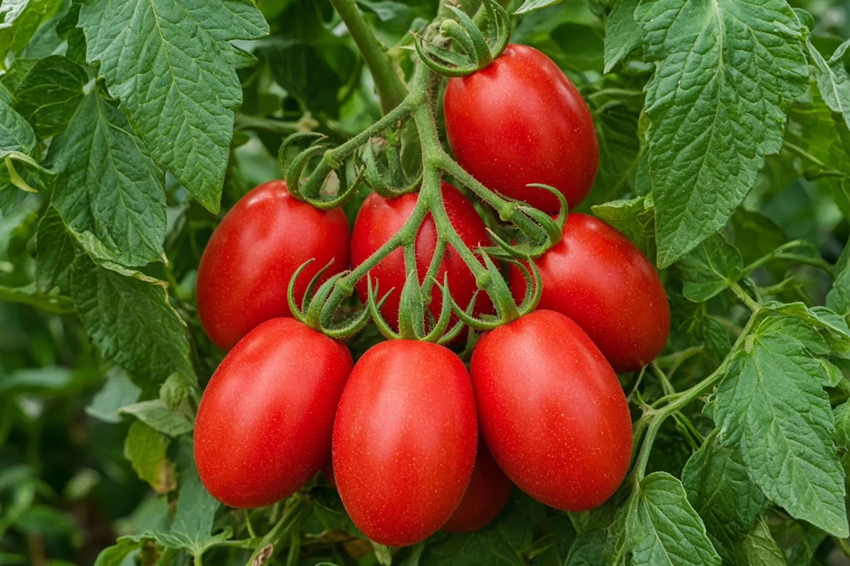 Ripe paste tomatoes on the vine