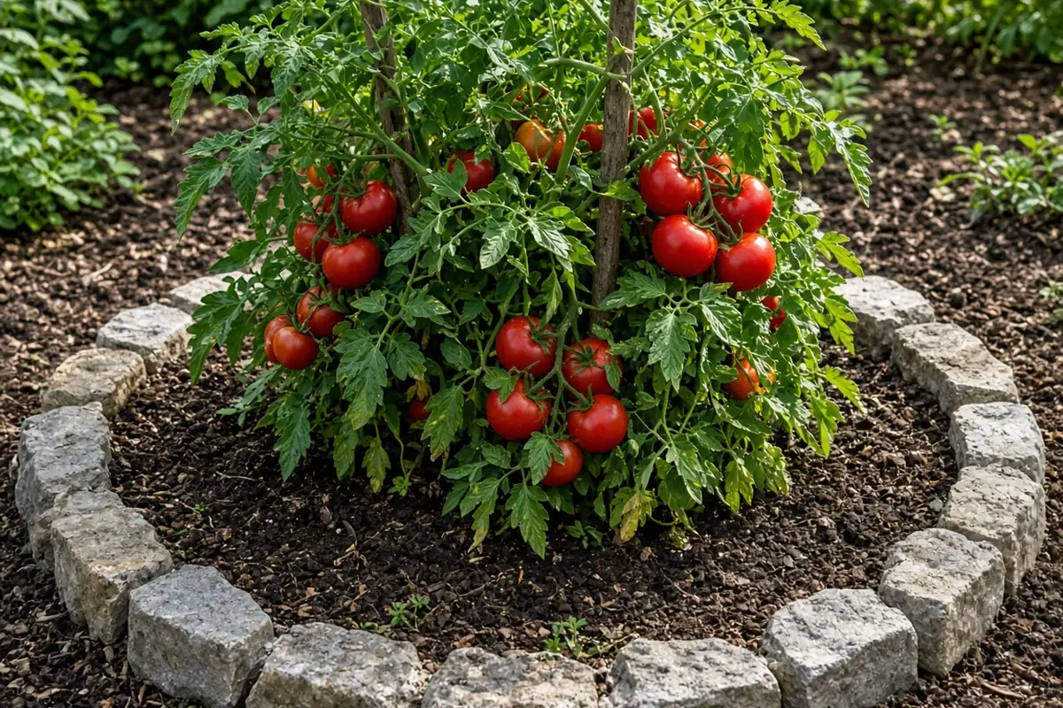 Ripe tomatoes on plants in a circular bed