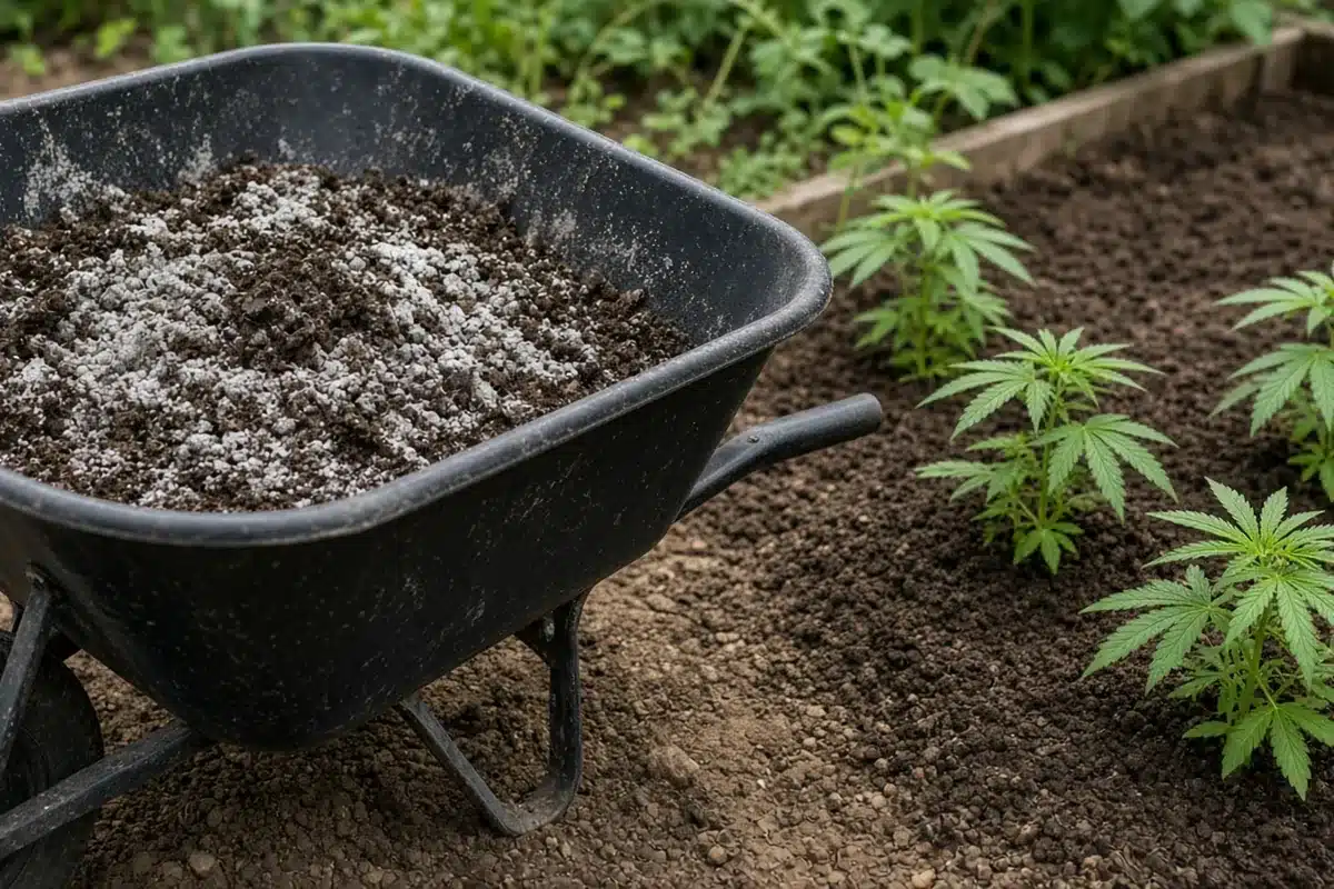 Wheelbarrow holding dark compost streaked with pale gray rock dust before it goes into a cannabis bed