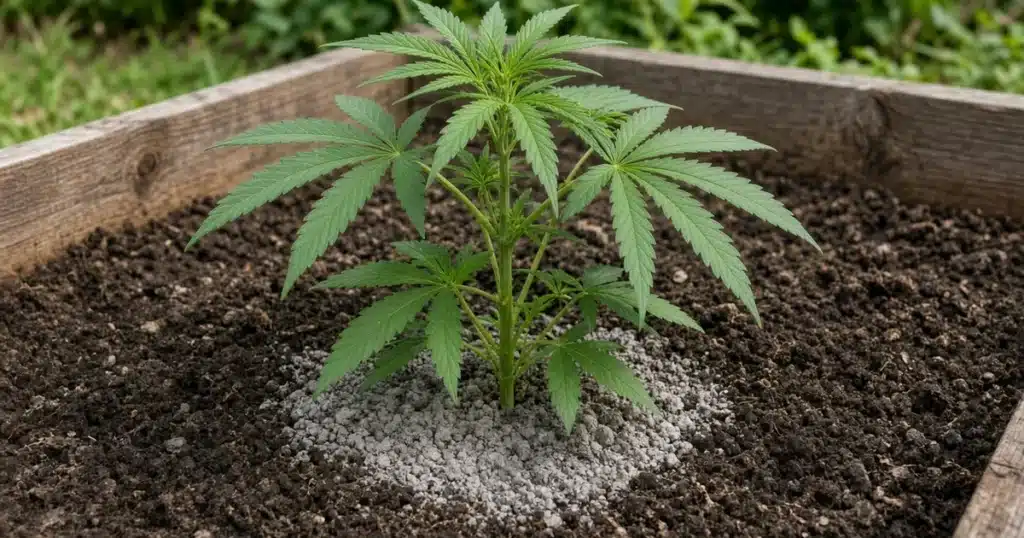 Gray rock dust dusted across dark garden soil around the stem of a cannabis plant growing in a raised bed