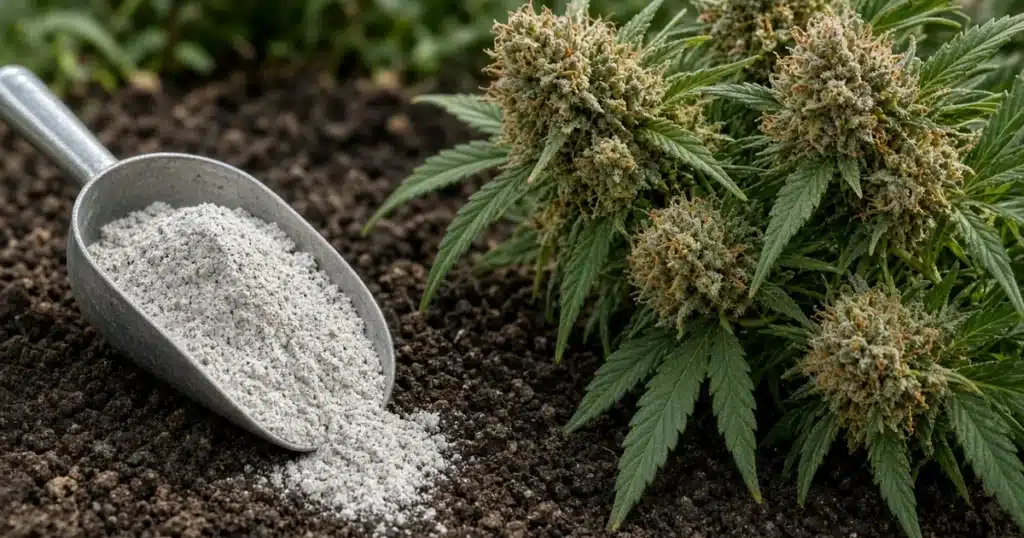 Pale gray rock phosphate powder in a scoop resting on dark garden soil next to a flowering outdoor cannabis plant