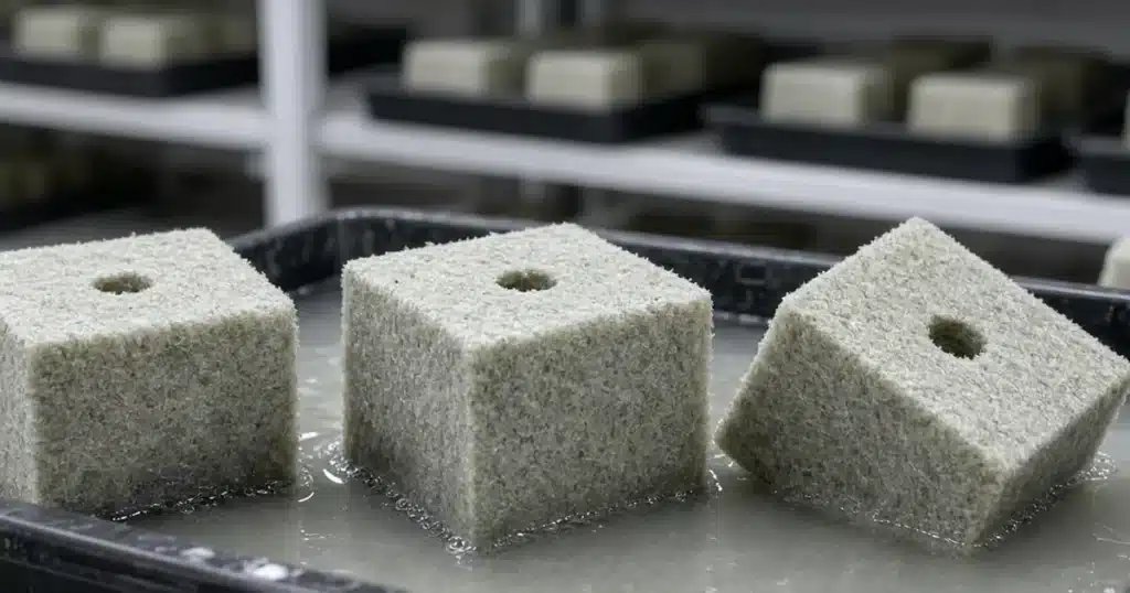 Rockwool cubes soaking in a tray of water before planting