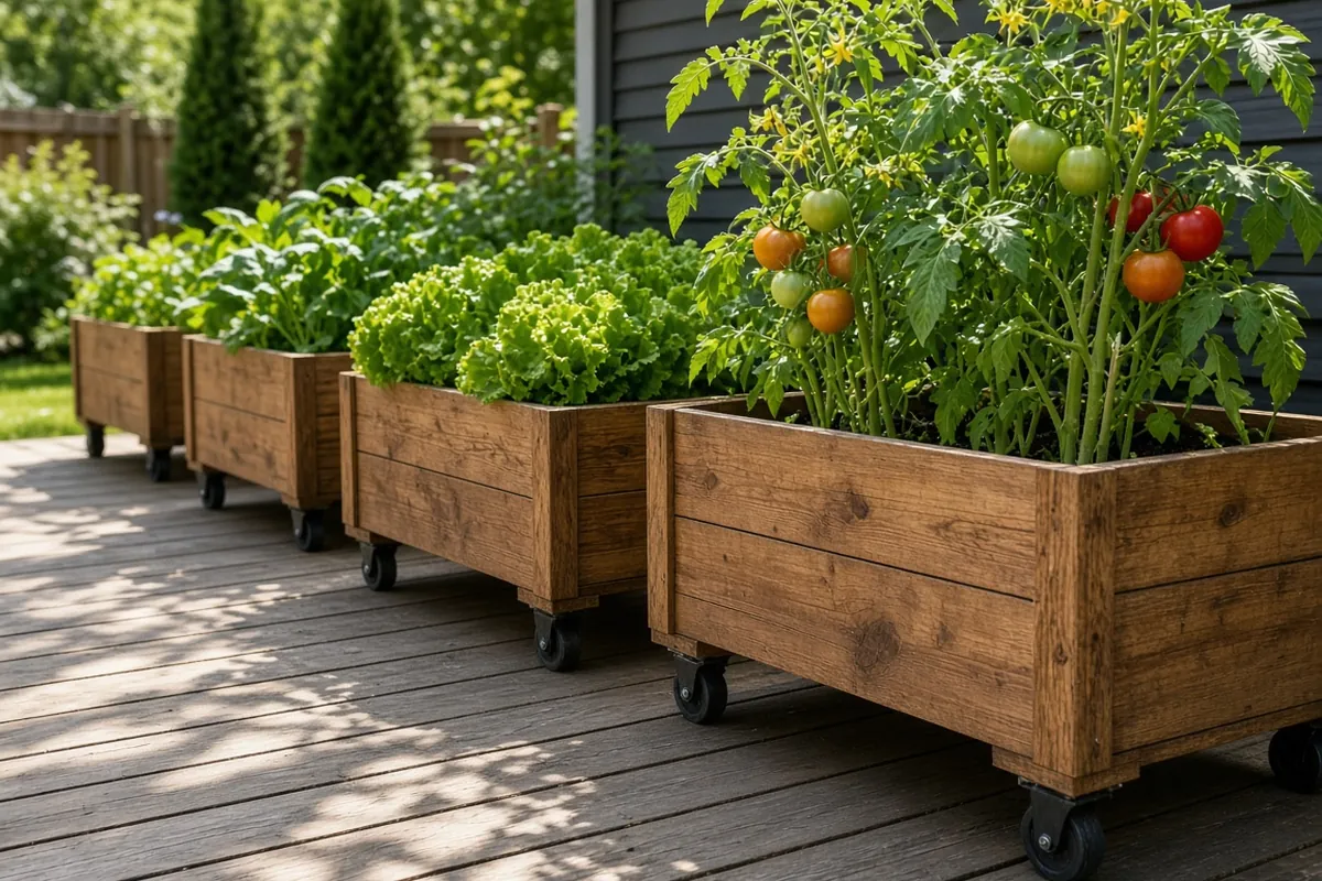 Rolling wooden planters with tomatoes and lettuce on a sunny deck