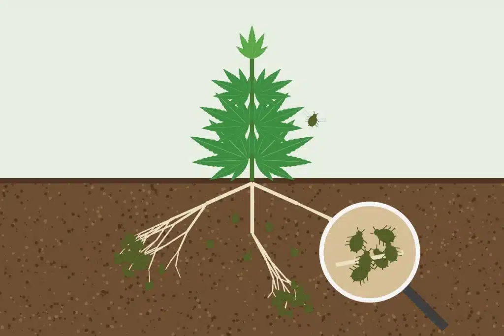 Illustration of a potted cannabis plant cut away to show dark green aphids on the roots, with a magnifier on one cluster