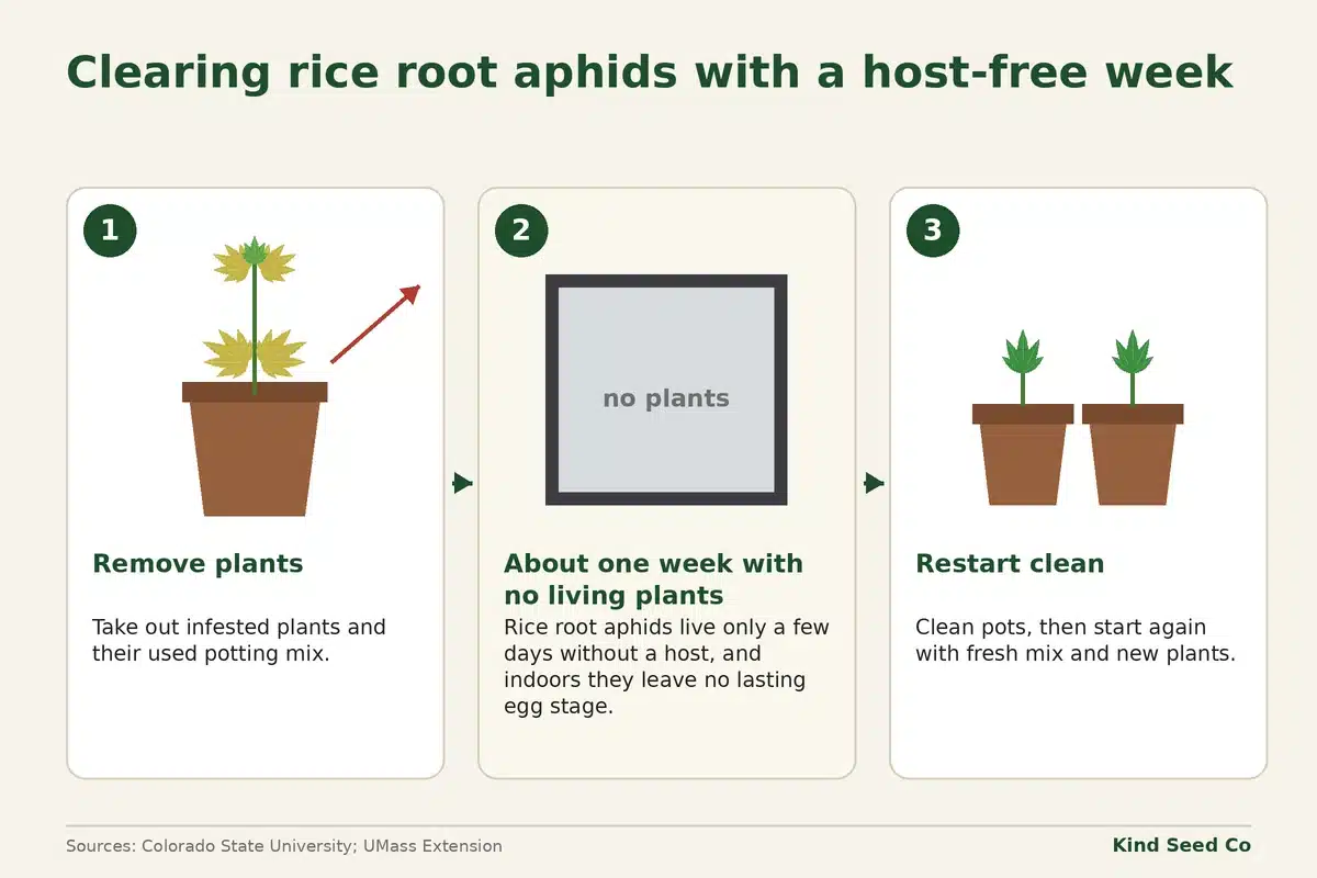 Three-step diagram: remove infested plants, leave the grow space empty for about a week, then restart clean