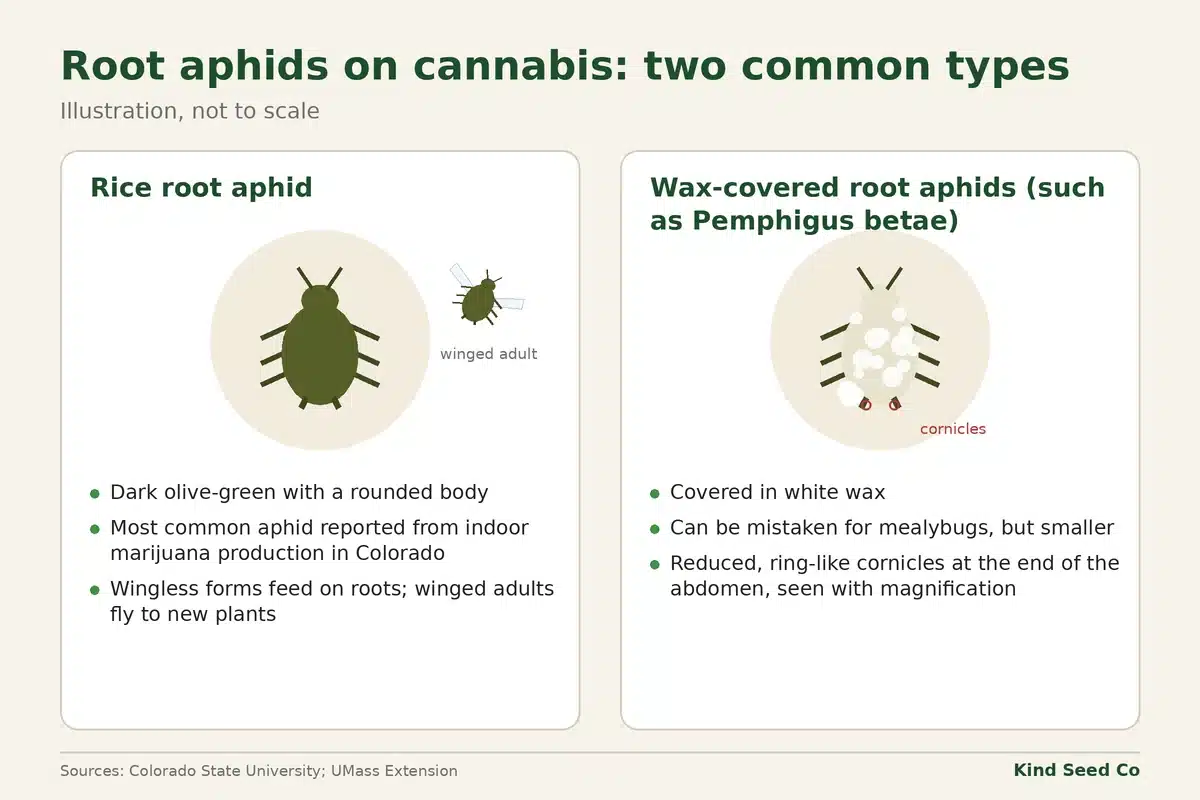Diagram comparing a dark olive-green rice root aphid with a root aphid covered in white wax