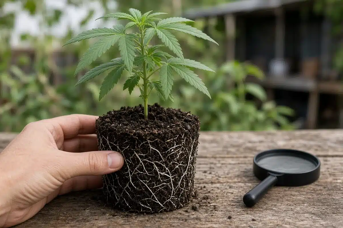 Photo-style illustration of a cannabis root ball out of its pot, with white roots wrapping the soil, beside a hand lens
