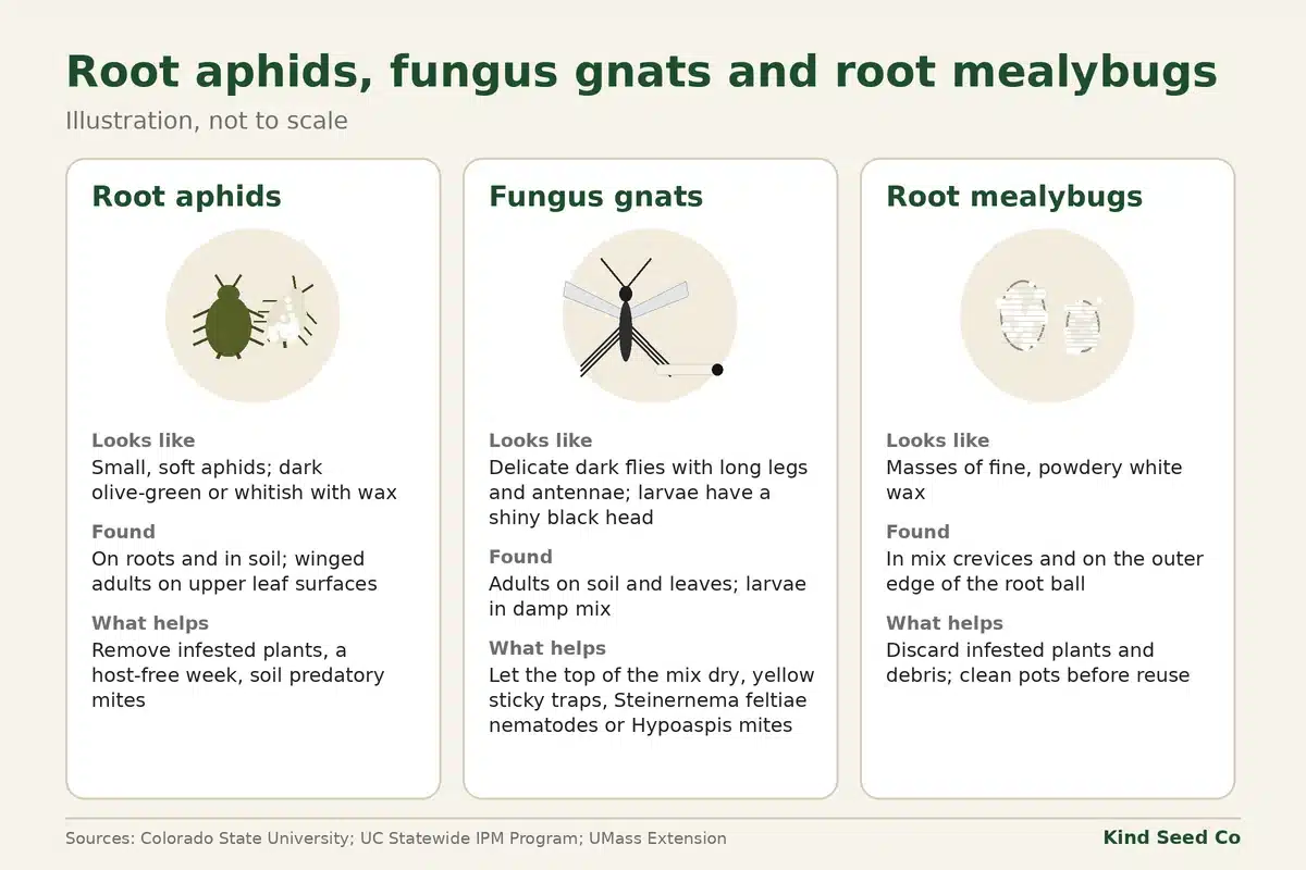 Side-by-side diagram of a root aphid, a fungus gnat with its larva, and a root mealybug, with how each looks and what helps