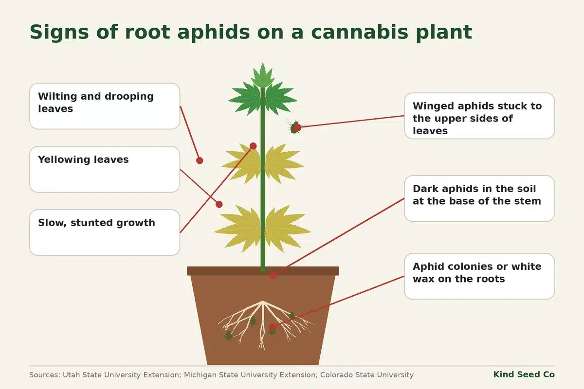 Diagram of a potted cannabis plant with yellowing leaves and labels pointing to six signs of root aphids