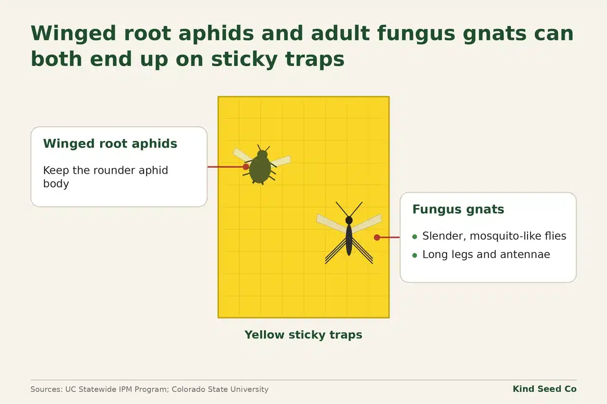 Diagram of a yellow sticky trap comparing a winged root aphid’s rounder body with a slender, long-legged fungus gnat