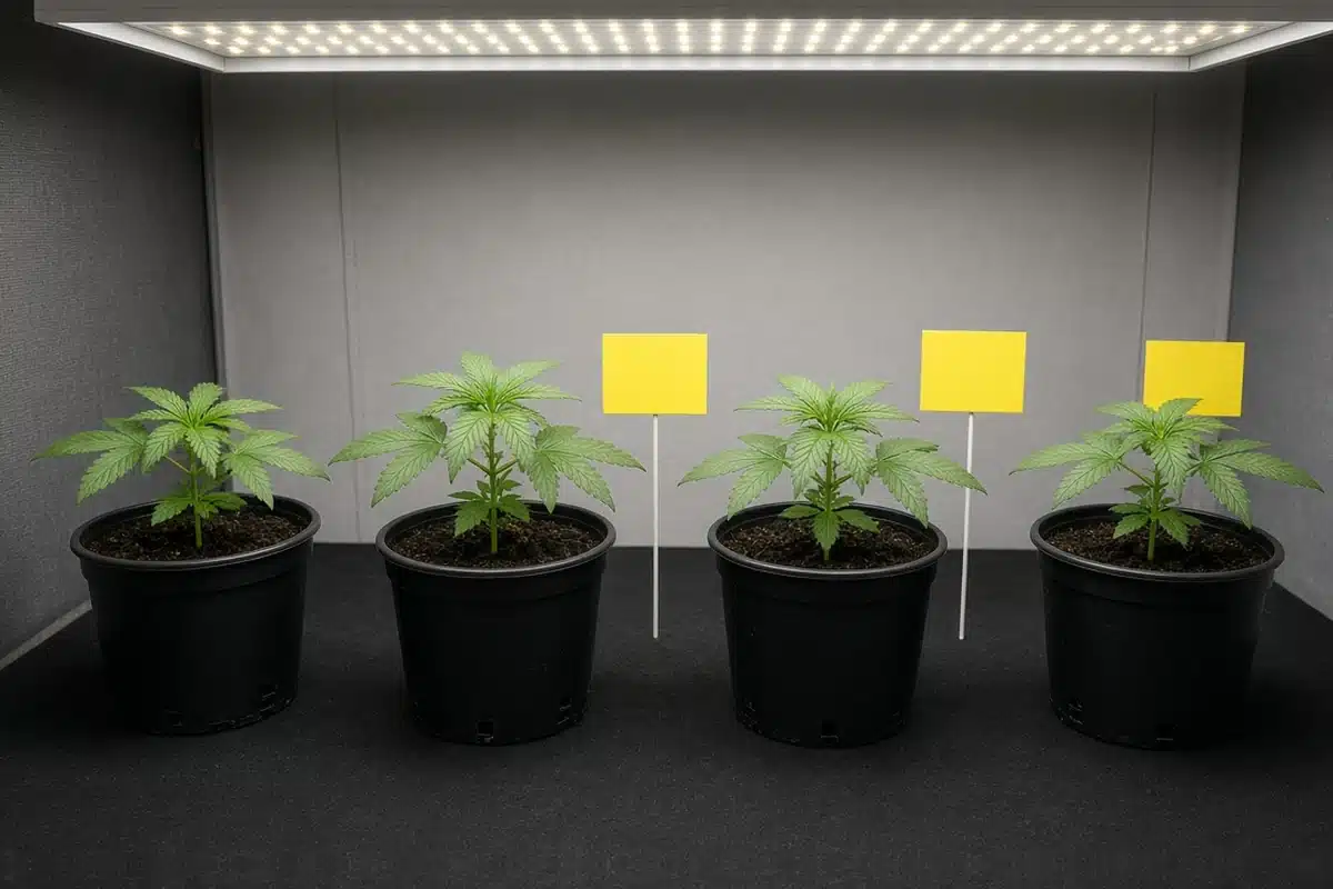 Photo-style illustration of yellow sticky traps on stakes between potted cannabis plants in an indoor grow