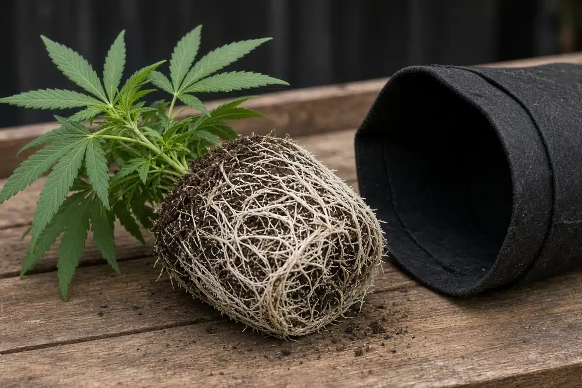 White cannabis roots holding a root ball together beside an empty fabric pot