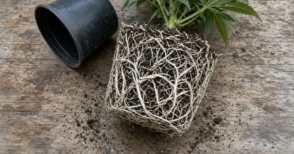 Cannabis root ball resting on a bench beside its empty plastic pot, dense white roots circling the soil