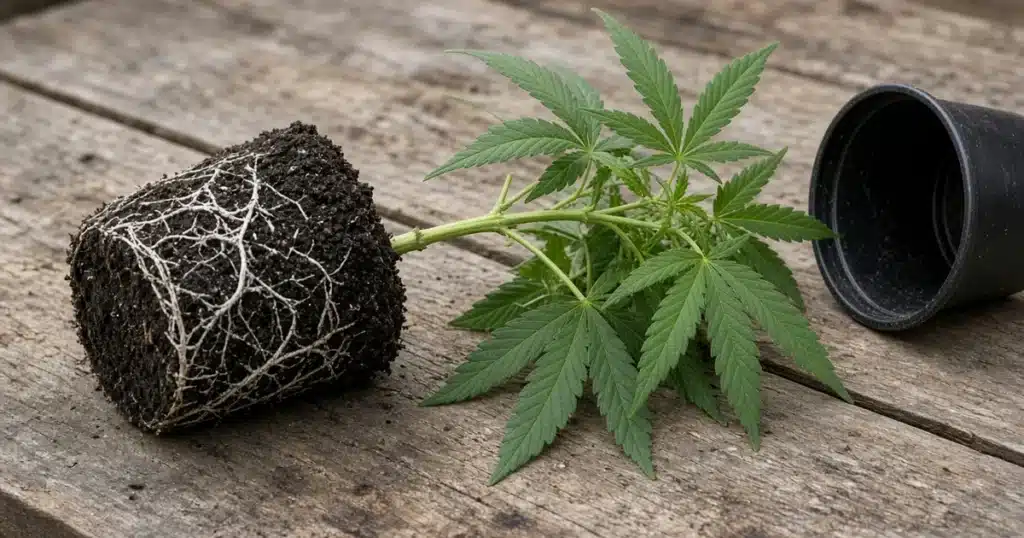 Young cannabis plant beside a pot showing white roots wrapped in dark moist soil