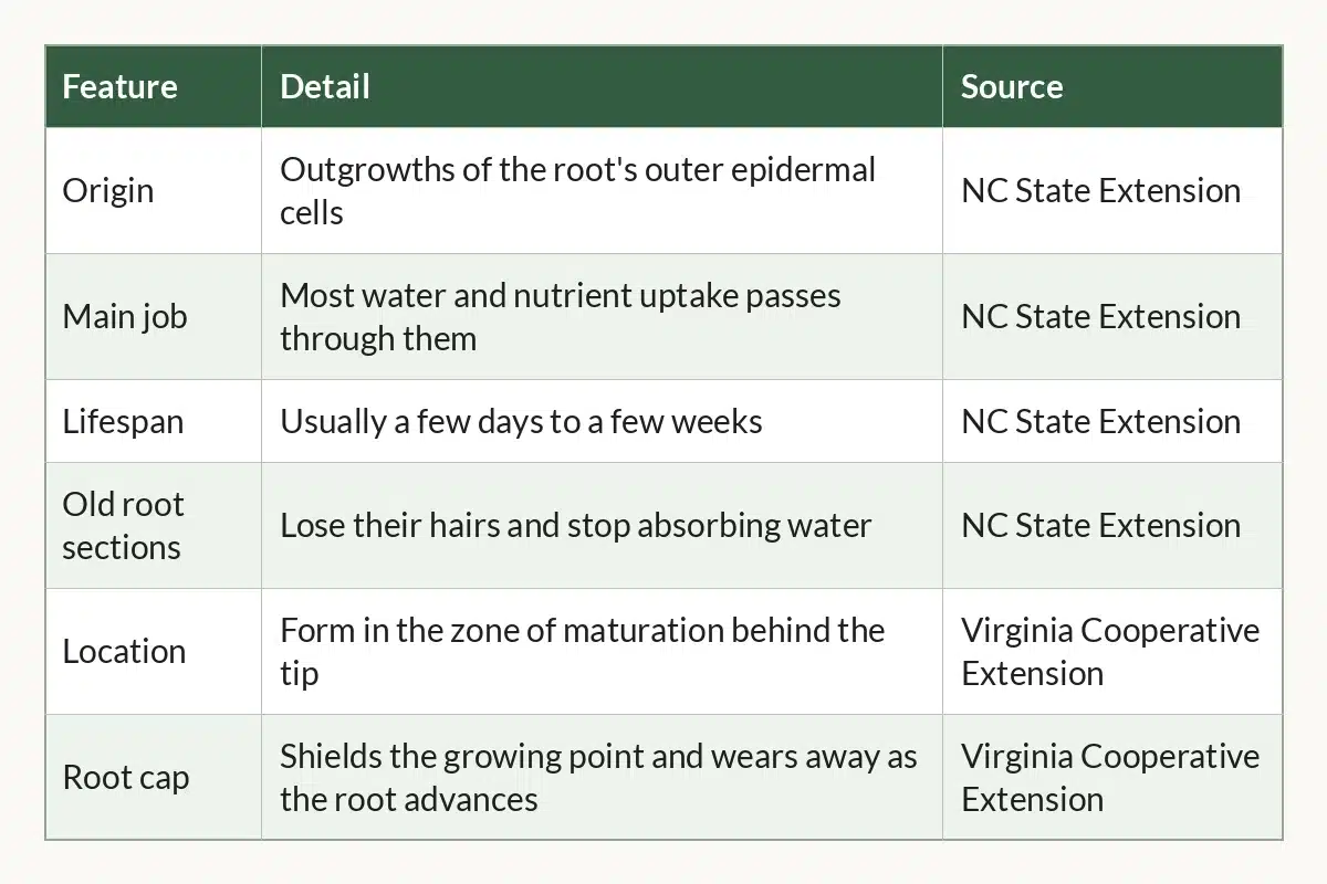 Table graphic of Cannabis Root Hairs at a Glance for cannabis growers, 6 rows by 3 columns