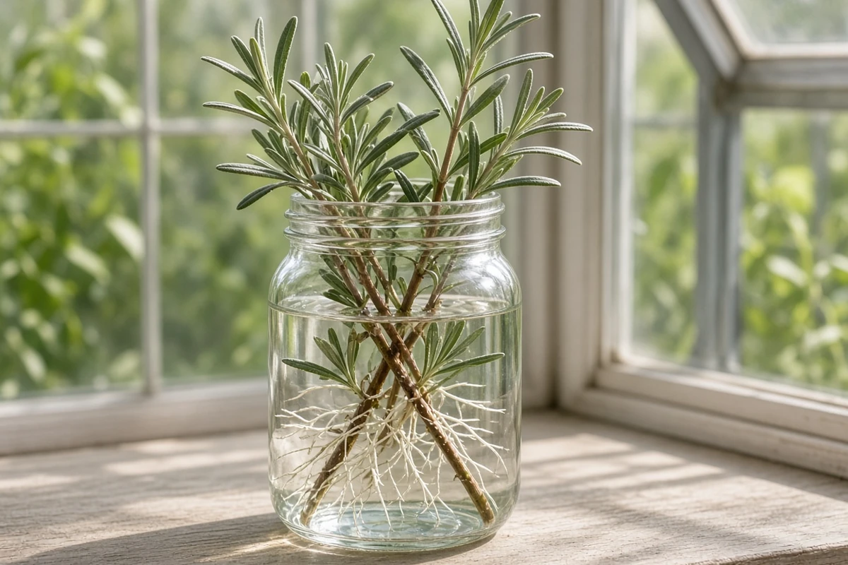 Rooted herb cuttings in a clear jar of water