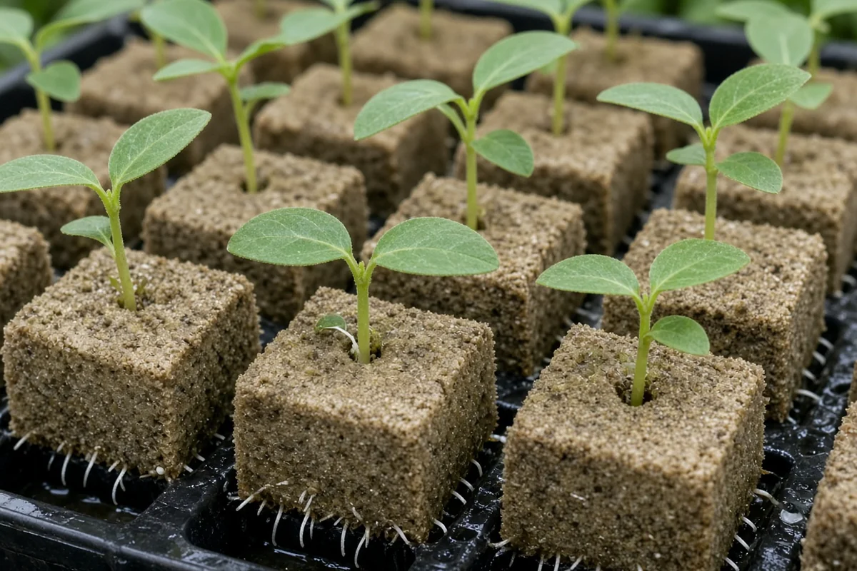 Rooting cubes with white root tips poking out of the base