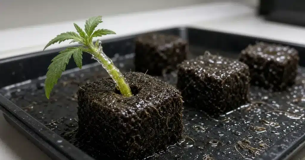 Cannabis cutting with a gel-coated stem set in a moist rooting cube