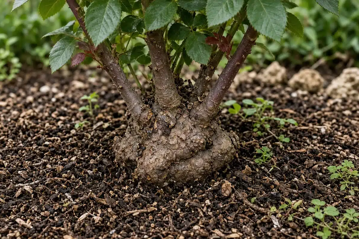Rose bush showing the knobby graft union at its base