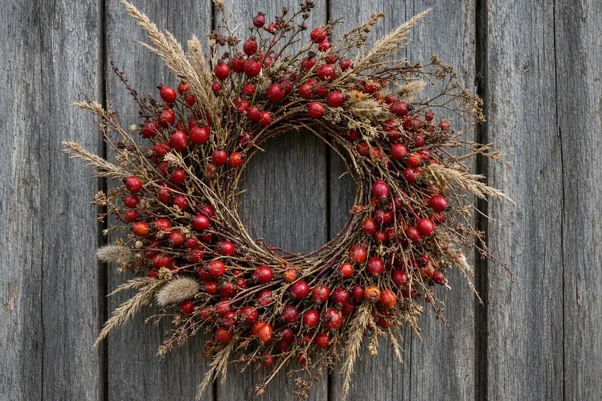Rose hips and dried stems in a fall wreath