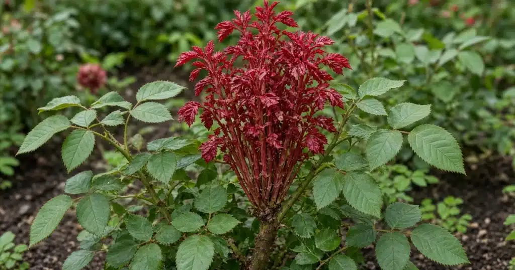 Rose cane with a cluster of short red shoots