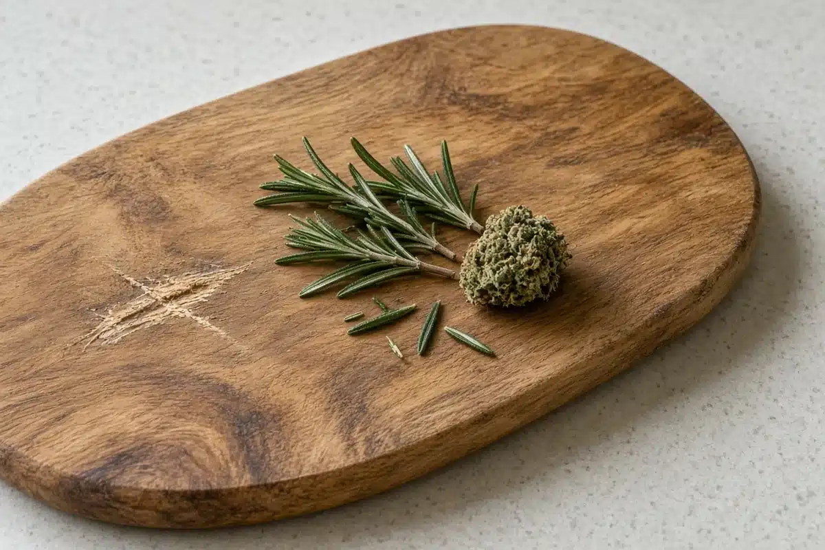 Rosemary sprigs beside a cannabis bud