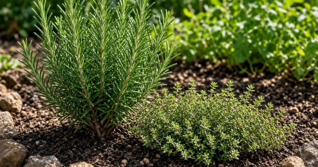 Rosemary and thyme growing in an herb bed