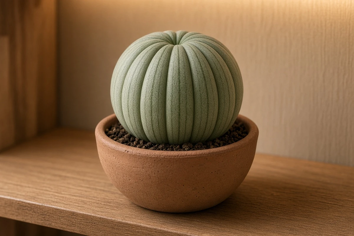 Round ribbed succulent in a clay bowl on a lit shelf